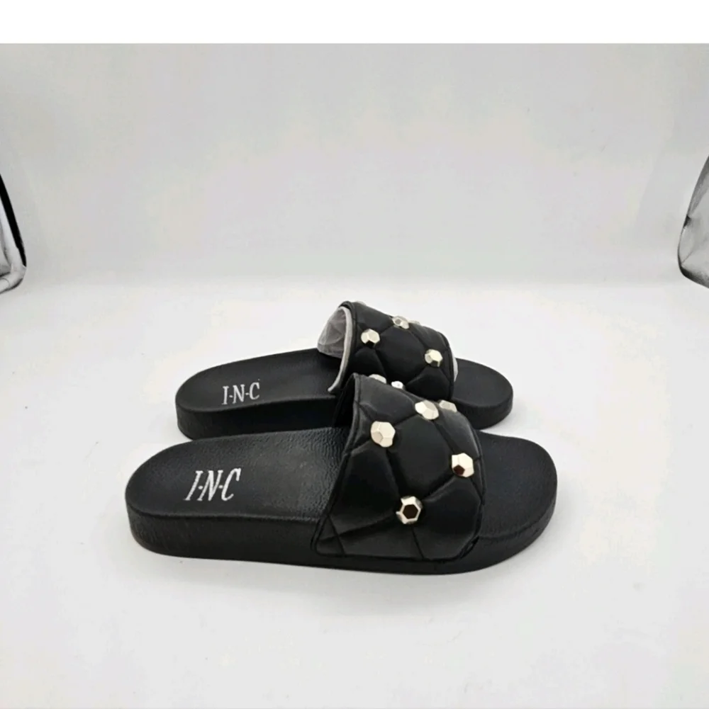 INC Womens Slide Sandals Quilted Peymin Faux Leather Round Toe Slip On Black 6 M